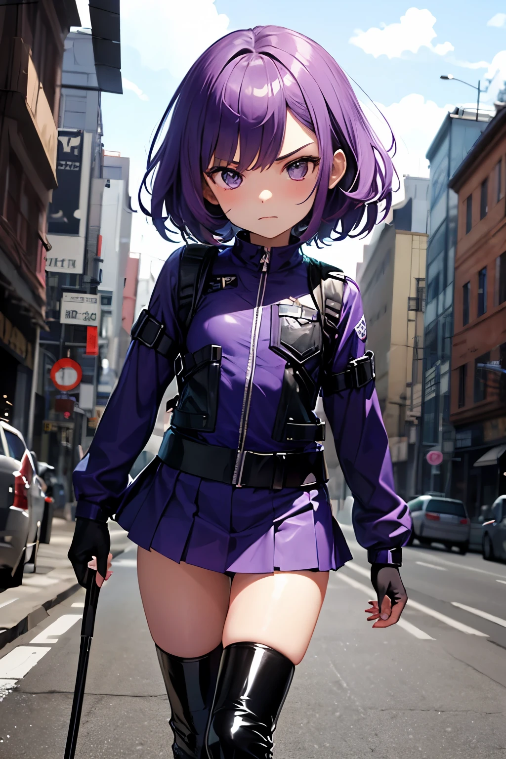 Ultra-detailed,  anime girl, 1girl,  short purple hair,  angry face, purple uniform,  hero style, bulletproof vest  , flat chest,   body, latex uniform , skirt,  long boots , beco escuro.  Menacing.