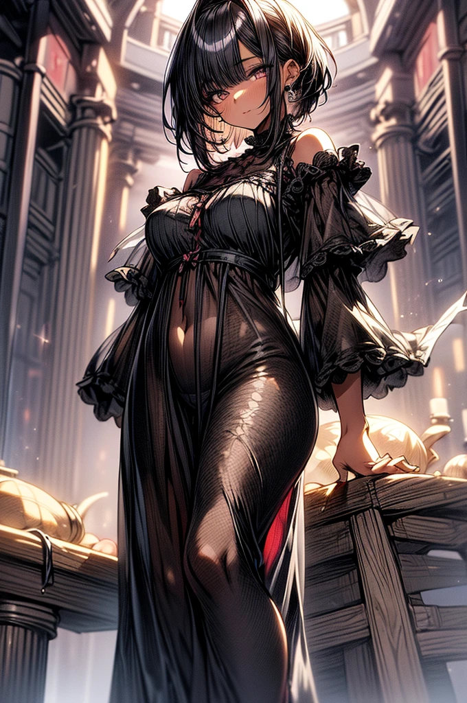 ((highest quality)),(ultra high resolution),(Super detailed),(detailed description),((best CG)),(best work of art),super precision art, great drawing art,(Art with precise details:1.5), (1 woman:1.5), beautiful and well-shaped face:1.5,(Beautiful skin with precise and detailed depiction:1.6),(Very precisely depicted black sheer Pyjama nightdress:1.5),provocative angle:1.6,gorgeous, beautiful young teenage girl, 13 years old, lightly tanned white skin, loose and flowing silky thigh-length negligee sleepwear, short shoulder length hair, sleek dark violet-black hair, short Pixie cut hairstyle, big round velvet colored eyes, fringe bangs over forehead, oval shaped face, sharp facial features, high-bridged nose, full cherry pink lips. medium height(172cm). D-cup breasts, small narrow waist. small delicate curvy hips, smooth silky thick thighs, large round ass, hourglass figure, slim yet plump thick build, standing upright, full body picture, hip-level shot. classy and opulent bedroom setting