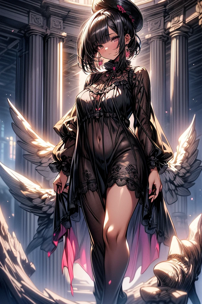 ((highest quality)),(ultra high resolution),(Super detailed),(detailed description),((best CG)),(best work of art),super precision art, great drawing art,(Art with precise details:1.5), (1 woman:1.5), beautiful and well-shaped face:1.5,(Beautiful skin with precise and detailed depiction:1.6),(Very precisely depicted black sheer Pyjama nightdress:1.5),provocative angle:1.6,gorgeous, beautiful young teenage girl, s old, lightly tanned white skin, loose and flowing silky thigh-length negligee sleepwear, short shoulder length hair, sleek dark violet-black hair, short Pixie cut hairstyle, big round velvet colored eyes, fringe bangs over forehead, oval shaped face, sharp facial features, high-bridged nose, full cherry pink lips. medium height(172cm). D-cup breasts, small narrow waist. small delicate curvy hips, smooth silky thick thighs, large round ass, hourglass figure, slim yet plump thick build, standing upright, full body picture, hip-level shot. classy and opulent bedroom setting