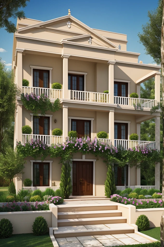 Create a two-story house facade with Greek-style Garden clothing
