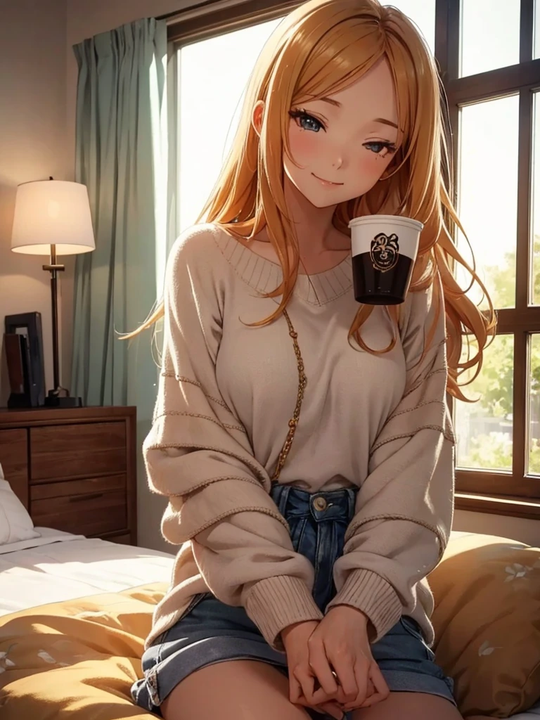 Beautiful young woman, Anime Style, Detailed face, Bright morning light, Bright expression, Casual morning outfit, Soft sleeping habits, Stand by a window where sunlight is streaming in, Vivid and warm colors, Cozy bedroom background, Holding a cup of coffee or tea, Morning atmosphere, Very detailed, 8K resolution, Cinema Lighting, Highest quality, Vibrant colors, Instagrammable, beautiful, trend