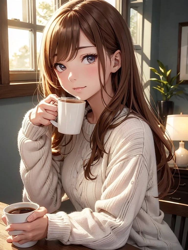 Beautiful young woman, Anime Style, Detailed face, Bright morning light, Bright expression, Casual morning outfit, Soft sleeping habits, Stand by a window where sunlight is streaming in, Vivid and warm colors, Cozy bedroom background, Holding a cup of coffee or tea, Morning atmosphere, Very detailed, 8K resolution, Cinema Lighting, Highest quality, Vibrant colors, Instagrammable, beautiful, trend