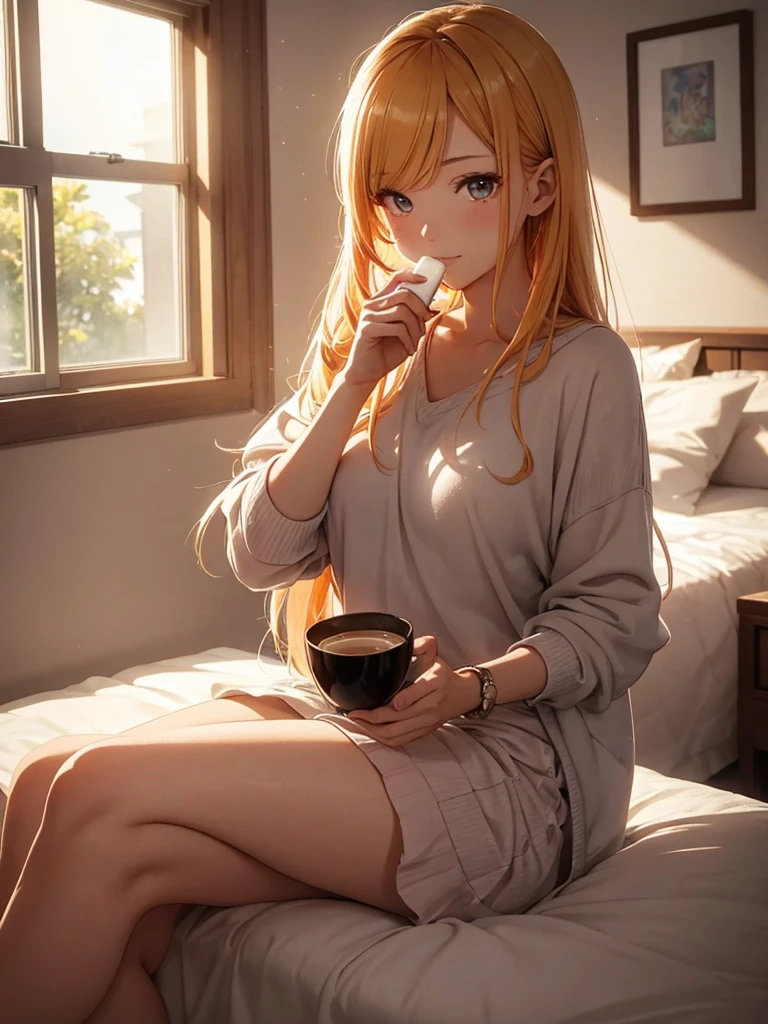 Beautiful young woman, Anime Style, Detailed face, Bright morning light, Bright expression, Casual morning outfit, Soft sleeping habits, Stand by a window where sunlight is streaming in, Vivid and warm colors, Cozy bedroom background, Holding a cup of coffee or tea, Morning atmosphere, Very detailed, 8K resolution, Cinema Lighting, Highest quality, Vibrant colors, Instagrammable, beautiful, trend