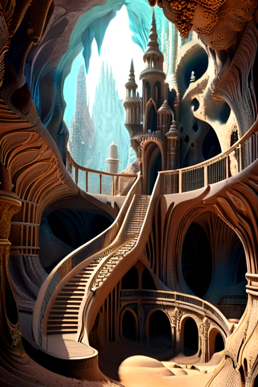 there are many inverted cavities (different rooms, joined by mandelbulb projections that form passages) in the middle of an underground canyon that makes up a mandelbulb mud village at different heights with many balconies and stalactites and stalactites, fantasy architecture, Highly detailed 4k digital art, beautiful detailed fantasy, stunning fantasy landscape, detailed fantasy digital art, arstation and beep highly, fantasy style octane 8k rendering, stuning fantasy 3d rendering, 4k detail fantasy, fantasy 3d rendering, 3D rendering beep, deep masive desert landscape, stalacmite cave laberinto very confuse type geonosis bubbes