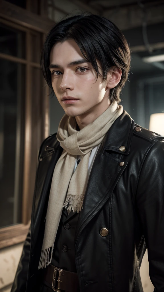 timochal2023, 1 men, o Matrix, anime clothes, white scarf, during, Steampunk, Lies of P, Mechanical arm, ultra HD, best qualityer, work of art, trends on artstation, RTX ON, reflections, dramatic lighting, cinematic lighting, Depth of field, ssmile, Gothic, Pinocchio, 1 young boy, shorth hair, Bblack hair, ascot, brooch, freckles, prosthesis, brooch, volantes, trench coat, mangas com volantes