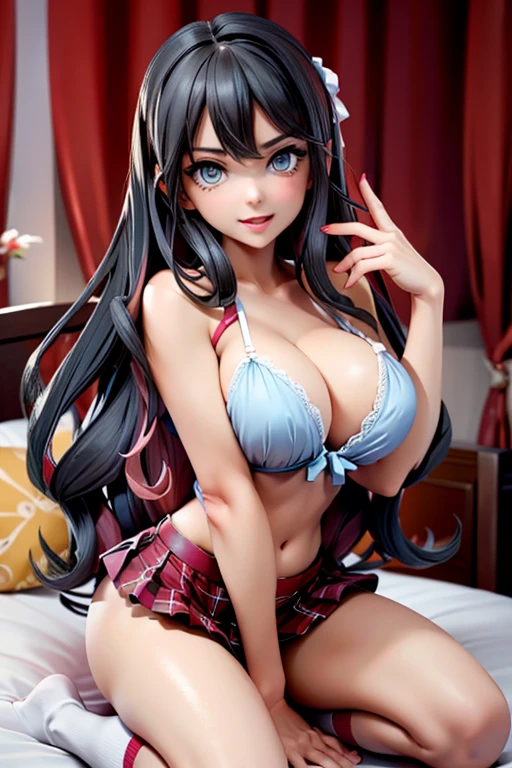 sweet young girl, Blue eyes, mischievous look, big red lips, FITTED WHITE SHIRT (a lot of cleavage), big round breasts, thin waist, very big buttocks, Plaid mini skirt (board), garter belt, White socks, thick legs, kneeling on a bed, black hair (of collections), no panties or bra, hot, sexy