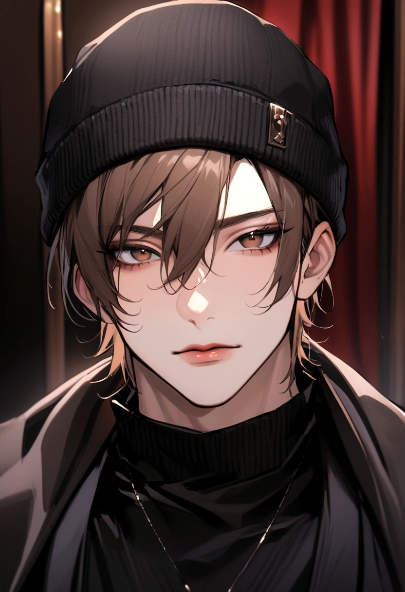portrait extremely attractive boy looking with a seductive face at the viewer in the center black clothes medium long brown hair wearing a symmetrical black beanie hat front photo 