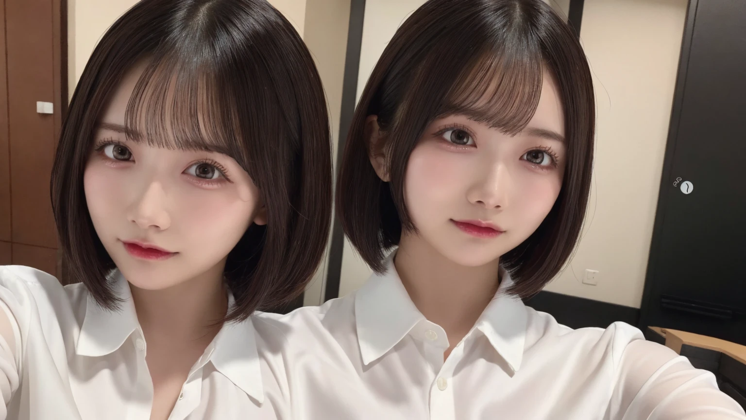 18-year-old、Ultra HD、Ultra-high resolution、Realistic、Sweaty skin、Bob Hair　Bob Hair、Transparent nipples、Large Breasts、Selfie、White shirt、独奏、business suit