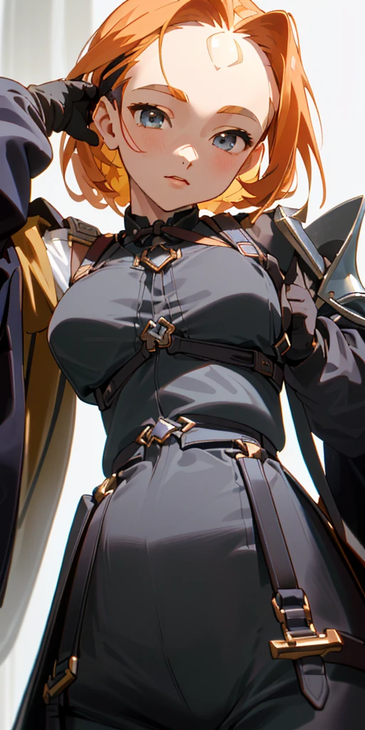 1 girl、one person、skinny body shape、orange hair、beautiful lilac eyes、intense joy on the face、upper body close-up, ((highest quality、masterpiece、((detailed))、1 cute girl、beautiful face、beautiful anime、1girl、young girl、 solo、cute bangs、 (forehead:1.2)、 athletic、 neutral、 (overcoat、black coat、 open coat:1.2)、yellow shirt、 collared shirt、 (chest harness、 shoulder strap:1.15)、 black leather Pants、garter belt、gloves、(Light armor)、from below、elegant、 looking at viewer、standing、Isometric light、 (close-up to face:1.3)、4k