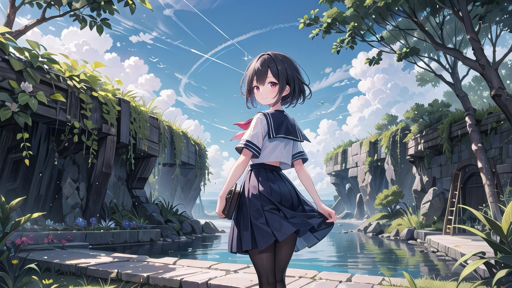 (masterpiece),  The sea seen from the town,  blue sky, summer, A girl in the distance,  smile,  alone,  Sailor suit、Long skirt,  Overgrown,  petal,  plant、Skirt lining、Translucent slip、nostalgic、Black Pantyhose