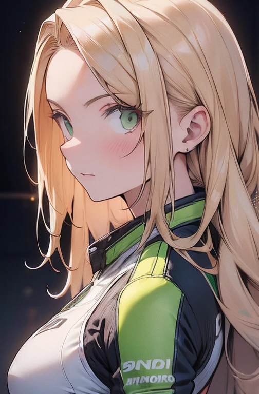 a detailed masterpiece portrait of a beautiful blonde woman with green eyes wearing a racing suit, extremely detailed face and figure, long hair, photorealistic, professional lighting, vibrant colors, cinematic composition, big breast, sensual Perfect body