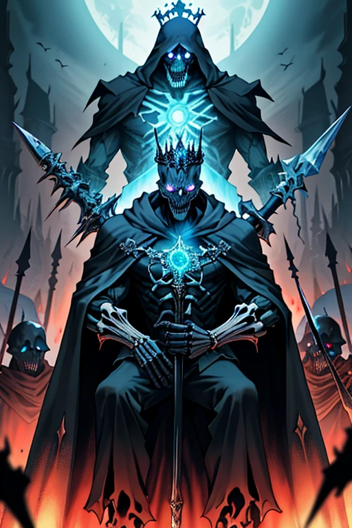 Death Lord, the Sovereign of the Grim Reaper, is a terrifying and omnipotent figure, whose mere presence instills fear even in the darkest abysses. Resembling a lich, he is a skeletal specter, cloaked in a necromantic aura that causes time-worn bones to emit a faint, spectral glow, giving him an otherworldly, timeless aura.

In his hands, Death Lord wields a majestic staff, a tool of power and a beacon of his dominion over the dark forces. This staff is intricately adorned with ancient runes and crowned with a pulsating crystal