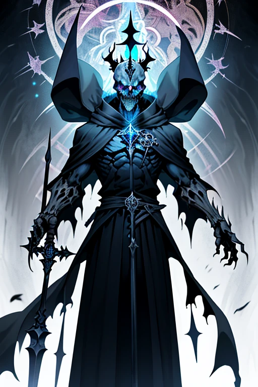 Death Lord, the Sovereign of the Grim Reaper, is a terrifying and omnipotent figure, whose mere presence instills fear even in the darkest abysses. Resembling a lich, he is a skeletal specter, cloaked in a necromantic aura that causes time-worn bones to emit a faint, spectral glow, giving him an otherworldly, timeless aura.

In his hands, Death Lord wields a majestic staff, a tool of power and a beacon of his dominion over the dark forces. This staff is intricately adorned with ancient runes and crowned with a pulsating crystal