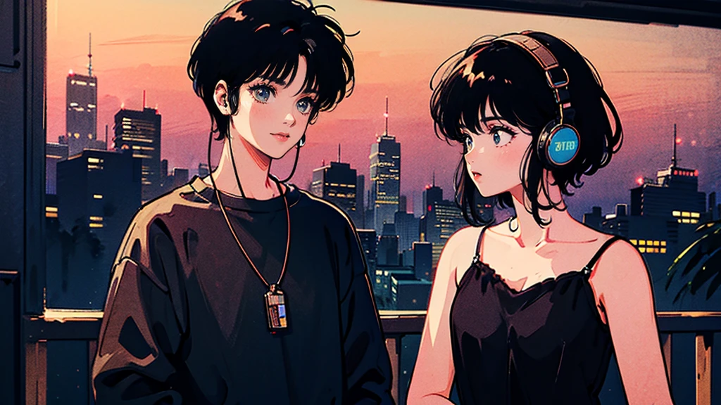 Black short Hair, Black Clothing, One Adult Woman Looking Sideways ,Blue headphones、 City of night, Delicate background、Masterpiece、Night Town、night、dark、Nostalgic、