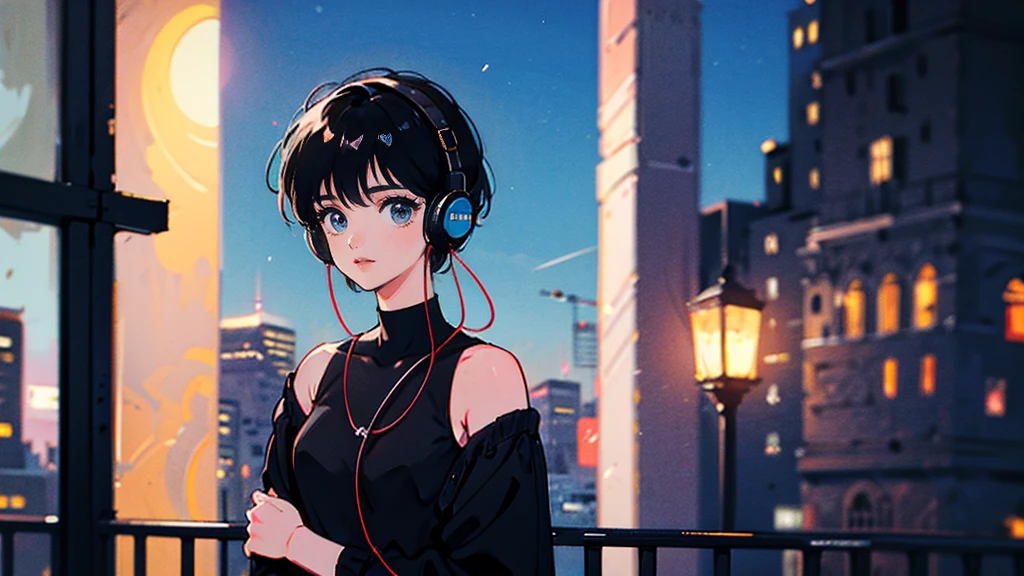 Black short Hair, Black Clothing, One Adult Woman Looking Sideways ,Blue headphones、 City of night, Delicate background、Masterpiece、Night Town、night、dark、Nostalgic、