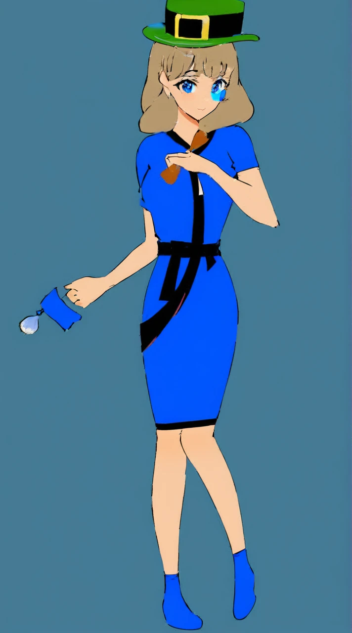 A woman with blue eyes and a blue kimono with a hat