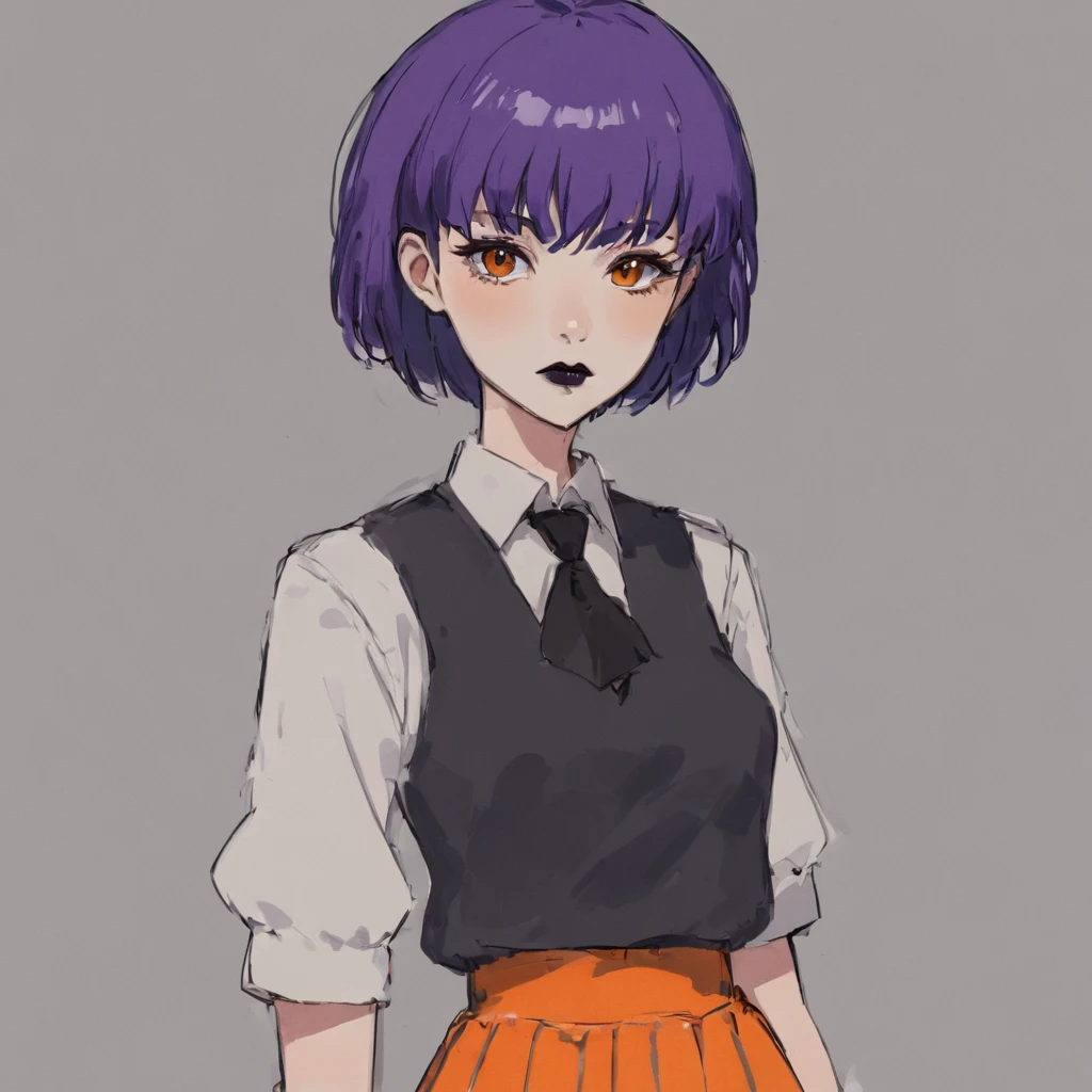 1 girl, Anime style, Very short hair, boyish hairstyle, purple hair, black eyes, black lips, Orange , Orange одежда, black tie, blue skirt
