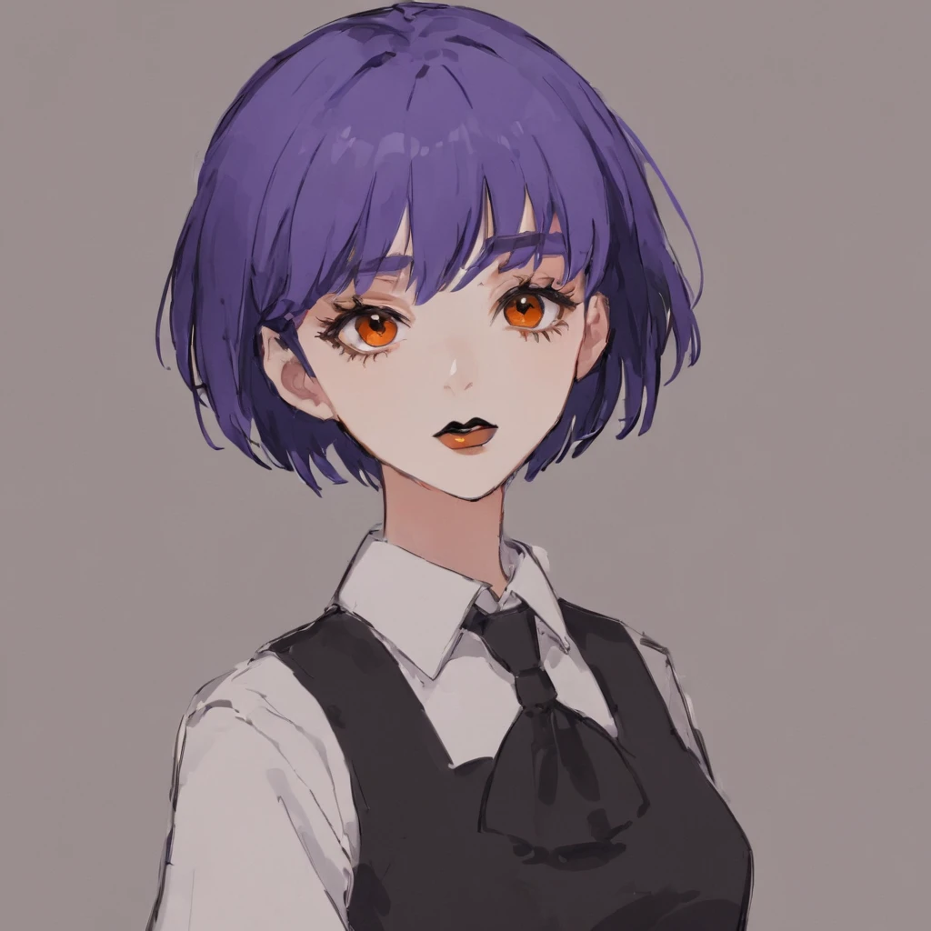 1 girl, Anime style, Very short hair, boyish hairstyle, purple hair, black eyes, black lips, Orange , Orange одежда, black tie, blue skirt
