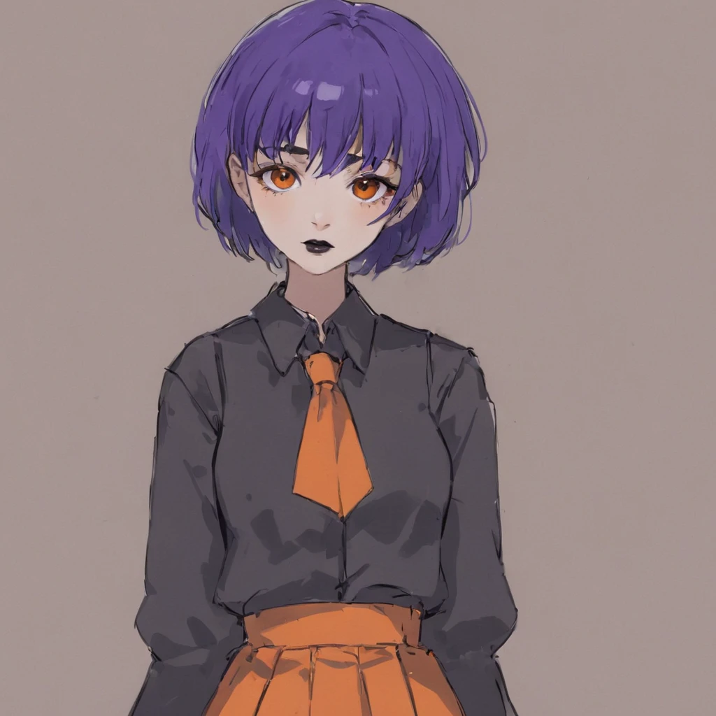 1 girl, Anime style, Very short hair, boyish hairstyle, purple hair, black eyes, black lips, Orange , Orange одежда, black tie, blue skirt
