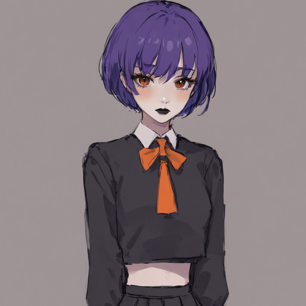 1 girl, Anime style, Very short hair, boyish hairstyle, purple hair, black eyes, black lips, Orange , Orange одежда, black tie, blue skirt
