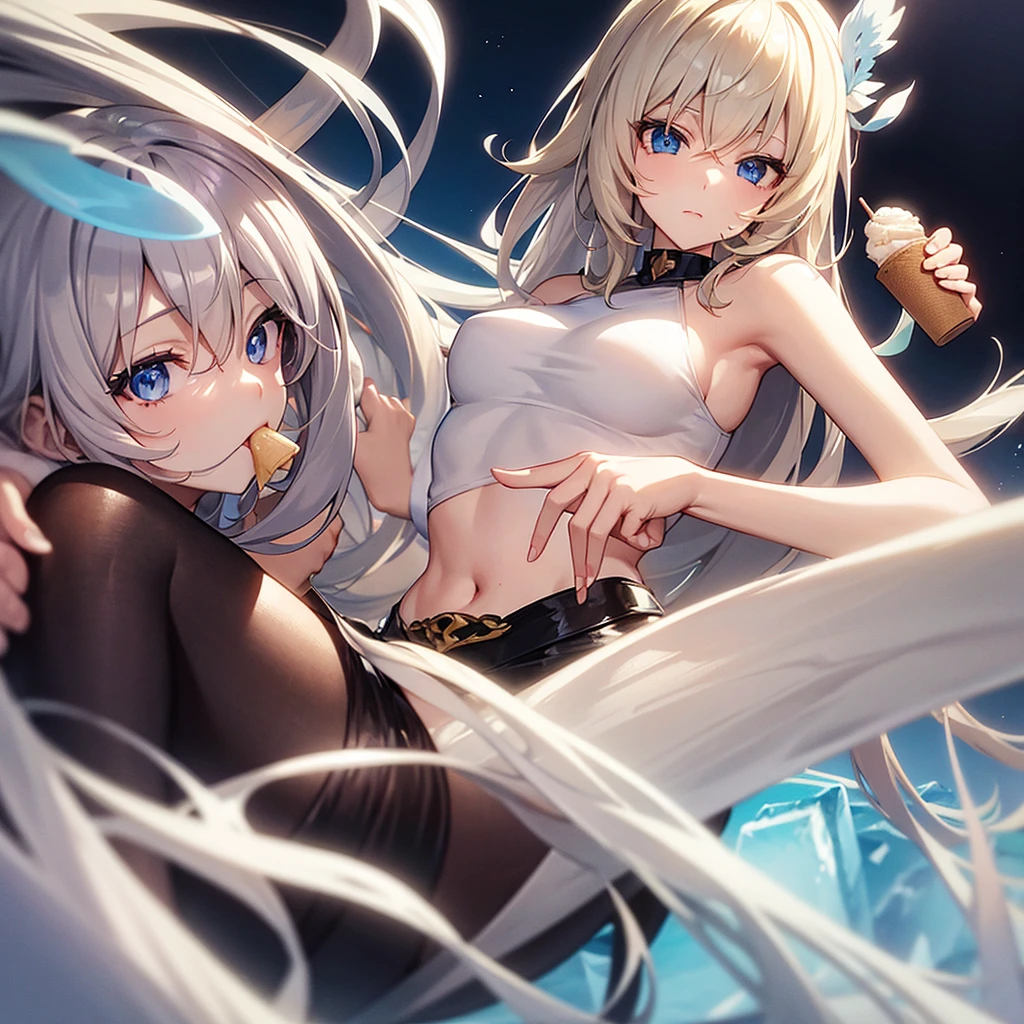 Anime woman beige hair light blue eyes eating ice cream
