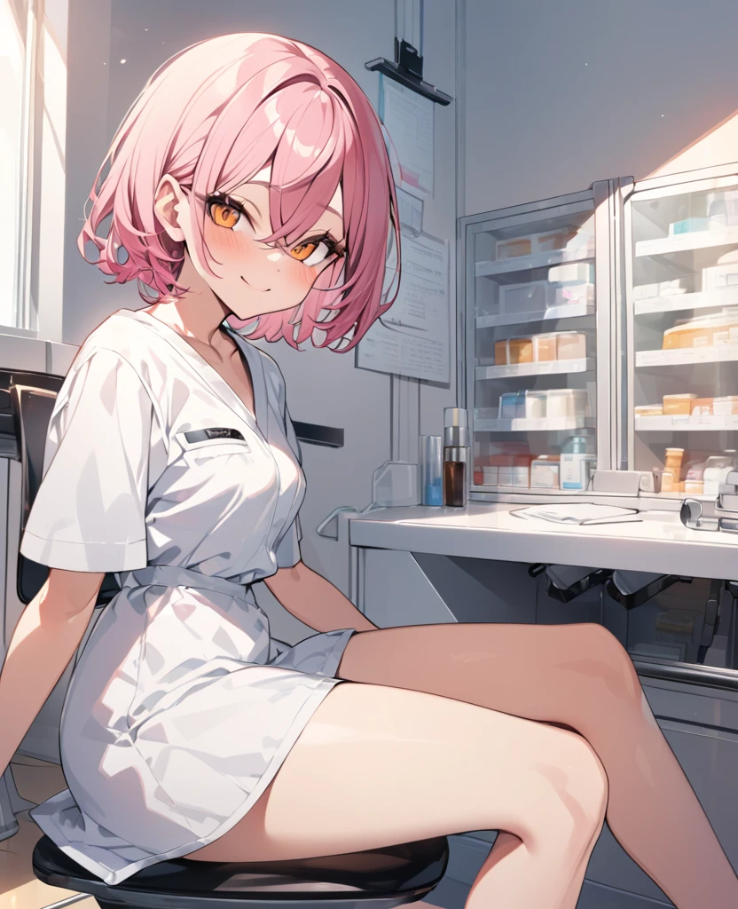 One Woman、Pink Hair、Hairstyle、Shortcuts、Orange eyes、Slanted Eyes、Wink、whole body、Sitting、Show Viewer、indoor、Examination room、Pink Hair, short hair, Crossed bangs, white、tsurime, Orange eyes, smile、From the side, Ultra-high resolution, Very detailed