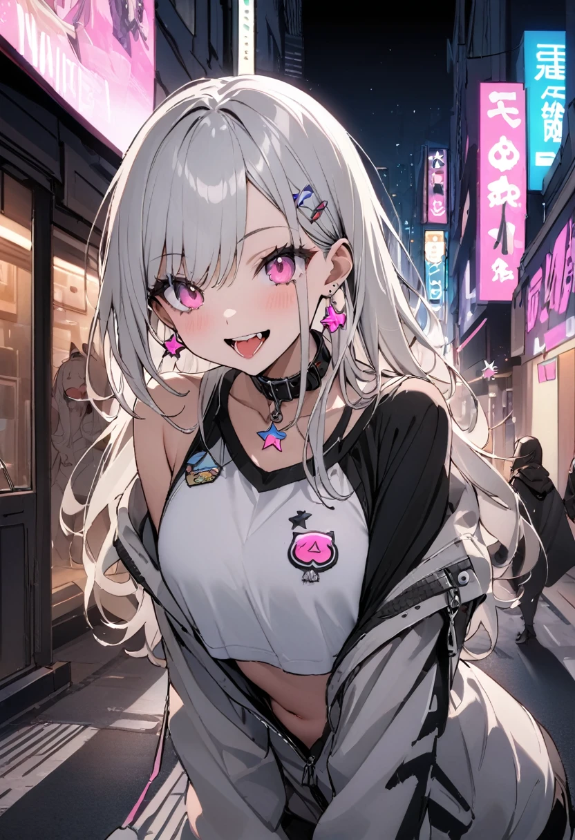 (masterpiece:1.2)、Highest quality、PIXIV、Rebellious girl、One girl、Open your mouth、鋭いteeth、teeth、Long Hair、Street background、gem、badge、ボタンbadge、Food、Pink Eyes、Earrings、Jacket、eyelash、Foodを下にして、star (symbol)、Upper Body、Characters in clothes、zipper、collar、cable、chain、tongue、Stickers、hoodie、smile、spike、Focus on the viewer、長いtongue、Chest in the center、Shoulder Bare、Belly button、Black and white hair color,leaning forward,Cyberpunk city,Night view,Black and white grey outfit