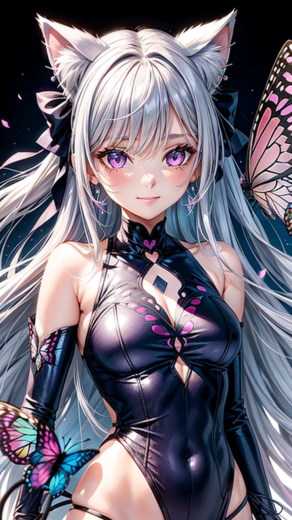 Silver hair, pink eyes, body, cat ears, woman, earrings, butterfly background, blue purplel clothes, butterfly hair bows, happy face
