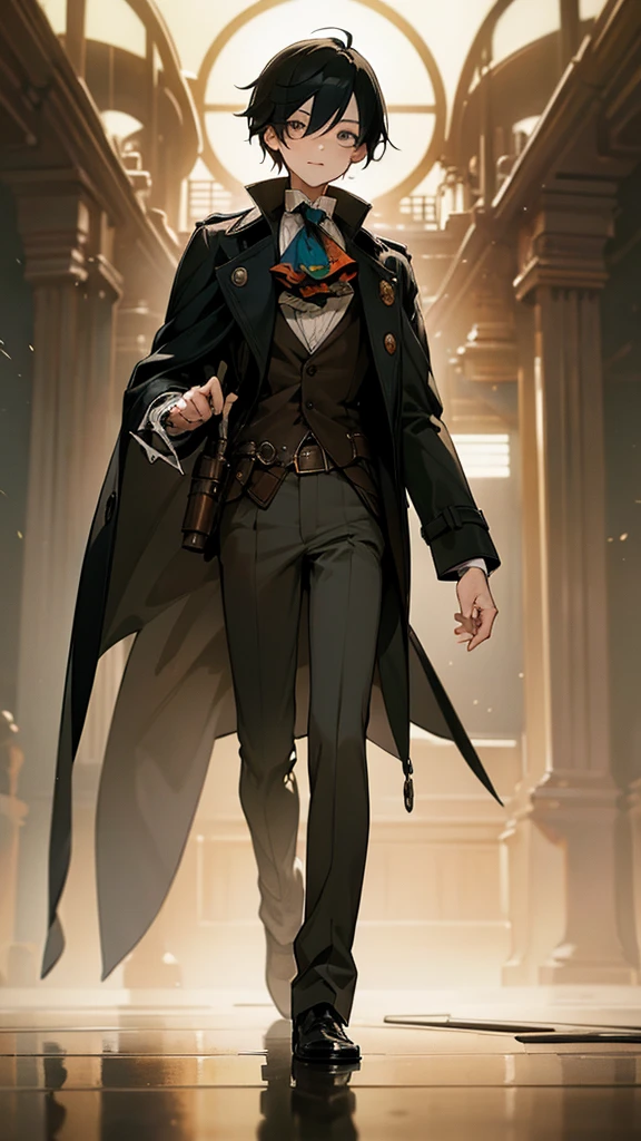 timochal2023, 1 men, o Matrix, anime clothes,the eyes, Nerd,fully body, white scarf, during, Steampunk, Lies of P, Mechanical arm, ultra HD, best qualityer, work of art, trends on artstation, RTX ON, reflections, dramatic lighting, cinematic lighting, Depth of field, ssmile, Gothic, Pinocchio, ung boy, shorth hair, Bblack hair, ascot, brooch, freckles, prosthesis, brooch, volantes, trench coat, mangas com volantes