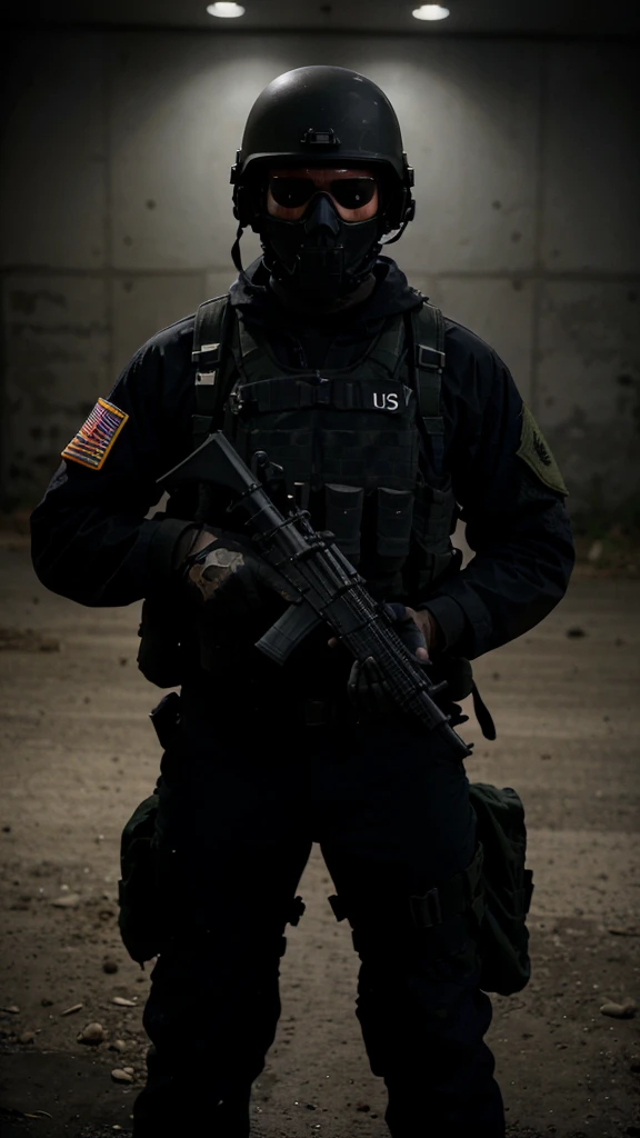 An American special forces soldier, with his face completely covered by a skull mask, with a military helmet that has night vision, and holding a rifle, full body, completely black