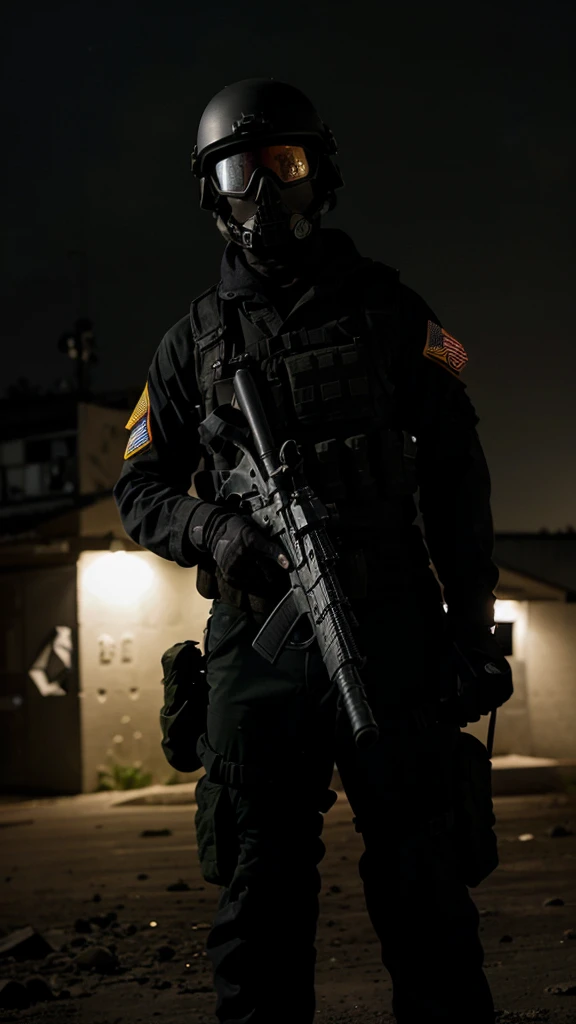 An American special forces soldier, with his face completely covered by a skull mask, with a military helmet that has night vision, and holding a rifle, full body, completely black
