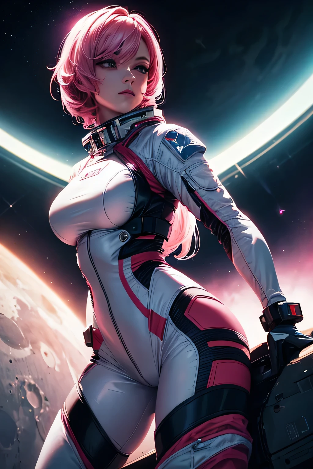 a woman in a sexy space suit on the moon, pink hair, large breasts, ultra-detailed, 8k, photorealistic, dynamic lighting, dramatic colors, cinematic composition, intricate details