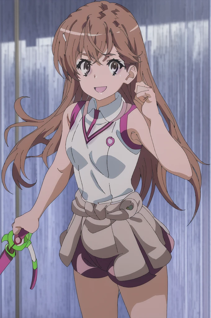 Make an anime character, in Japanese school clothes, pink knuckle gloves, greeneyes, semi-long brown hair, with bangs, a pair of shorts underneath the spandex style skirt, smiling showing teeth, with eyes open, and with a nunchaku hanging from his waist,