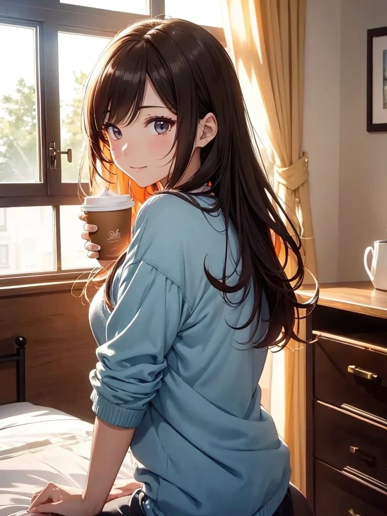 beautiful若い女性, Anime Style, Detailed face, Bright morning light, Bright expression, Casual morning outfit, Soft sleep habits, Standing by a window where sunlight pours in, Vivid and warm colors, Cozy bedroom background, Holding a cup of coffee or tea, Morning atmosphere, Very detailed, 8K resolution, Cinema Lighting, Highest quality, Vibrant colors, Instagrammable, beautiful, tendency
