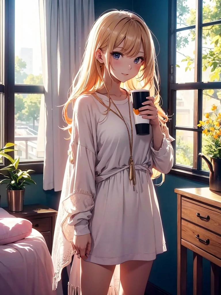 beautiful若い女性, Anime Style, Detailed face, Bright morning light, Bright expression, Casual morning outfit, Soft sleep habits, Standing by a window where sunlight pours in, Vivid and warm colors, Cozy bedroom background, Holding a cup of coffee or tea, Morning atmosphere, Very detailed, 8K resolution, Cinema Lighting, Highest quality, Vibrant colors, Instagrammable, beautiful, tendency