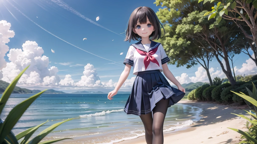 (masterpiece), The sea seen from the town, blue sky, summer, A girl in the distance, smile, alone, Sailor suit、Long skirt, Overgrown, petal, plant、Skirt lining、Translucent slip、nostalgic、Black Pantyhose