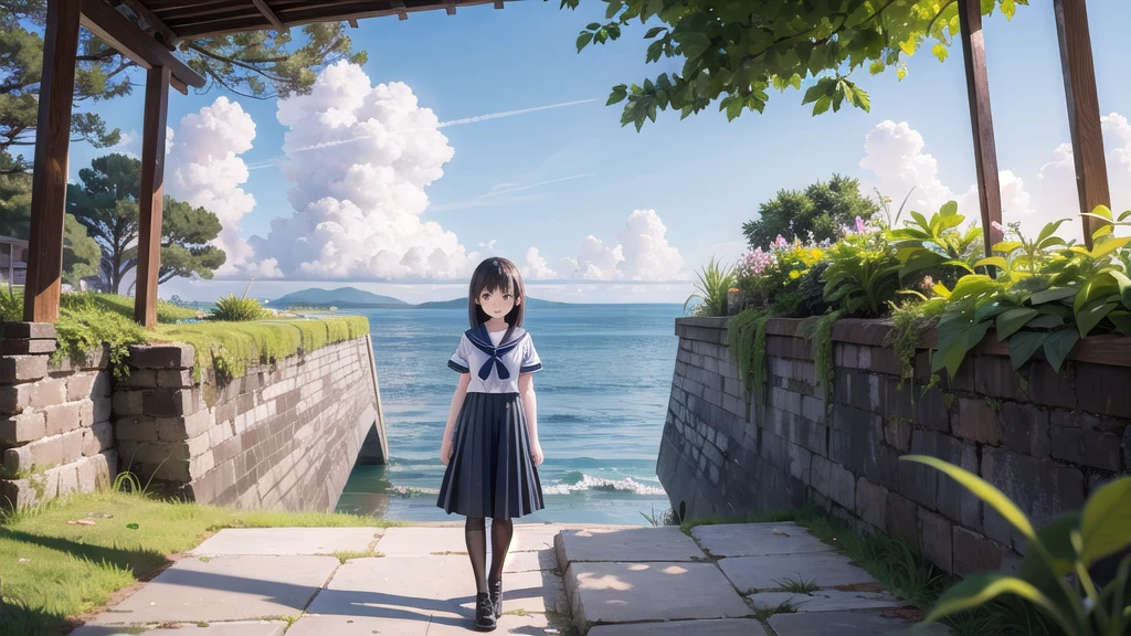 (masterpiece), The sea seen from the town, blue sky, summer, A girl in the distance, smile, alone, Sailor suit、Long skirt, Overgrown, petal, plant、Skirt lining、Translucent slip、nostalgic、Black Pantyhose