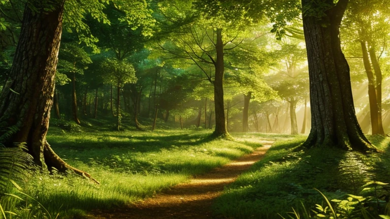 a beautiful magical forest full of light and vitality,detailed lush green trees and foliage,stunning natural landscape,serene peaceful atmosphere,glowing warm sunlight,photorealistic,highly detailed,8k,ultra-detailed,intricate,vibrant colors,dramatic lighting,cinematic composition,digital art,concept art