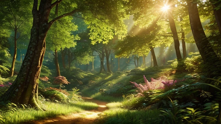a beautiful magical forest full of light and vitality,detailed lush green trees and foliage,stunning natural landscape,serene peaceful atmosphere,glowing warm sunlight,photorealistic,highly detailed,8k,ultra-detailed,intricate,vibrant colors,dramatic lighting,cinematic composition,digital art,concept art