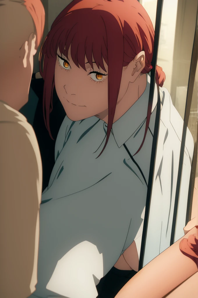Makima without a bra and in panties in front of a mirror, it seems that he is undressing