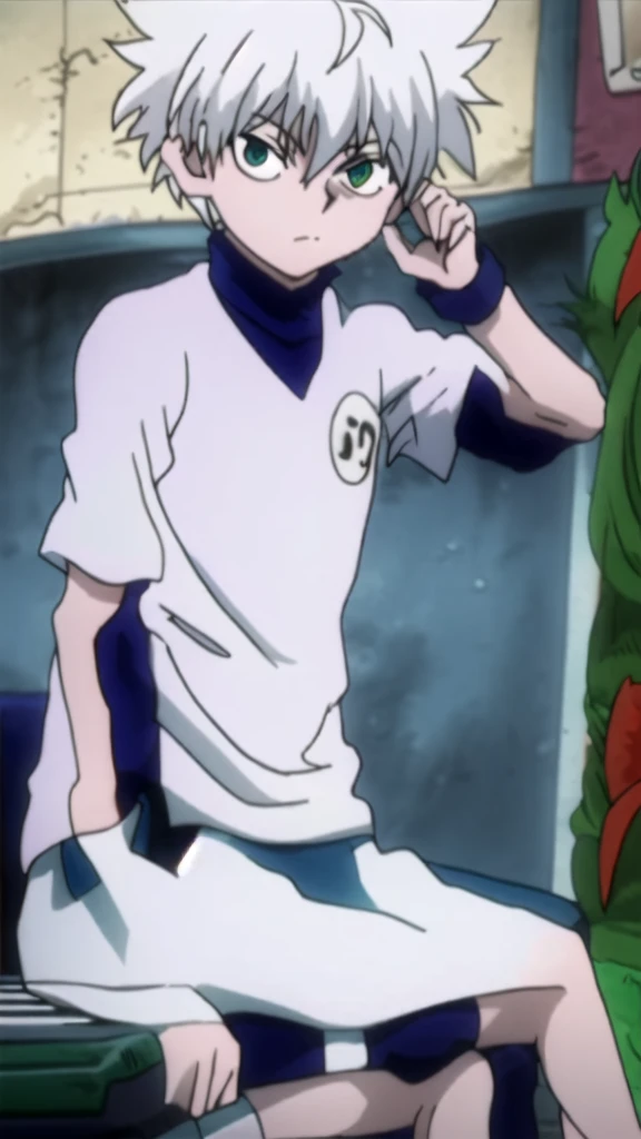 masterpiece, best quality, high quality, 1boy, solo, boy,evil boy,male focus, looking at viewer , white hair, old-school swoop haircut,white shirt with short sleeves,blue jean shorts, blue and yellow eyes, sitting on a bench
