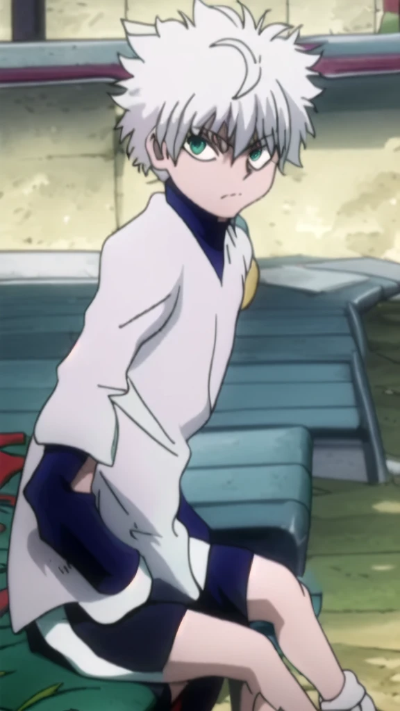 masterpiece, best quality, high quality, 1boy, solo, 14-year-old boy,evil boy,male focus, looking at viewer , white hair, old-school swoop haircut,white shirt with short sleeves,blue jean shorts, blue and yellow eyes, sitting on a bench