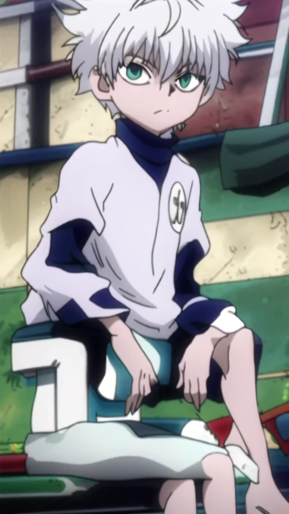 masterpiece, best quality, high quality, 1boy, solo, 14-year-old boy,evil boy,male focus, looking at viewer , white hair, old-school swoop haircut,white shirt with short sleeves,blue jean shorts, blue and yellow eyes, sitting on a bench