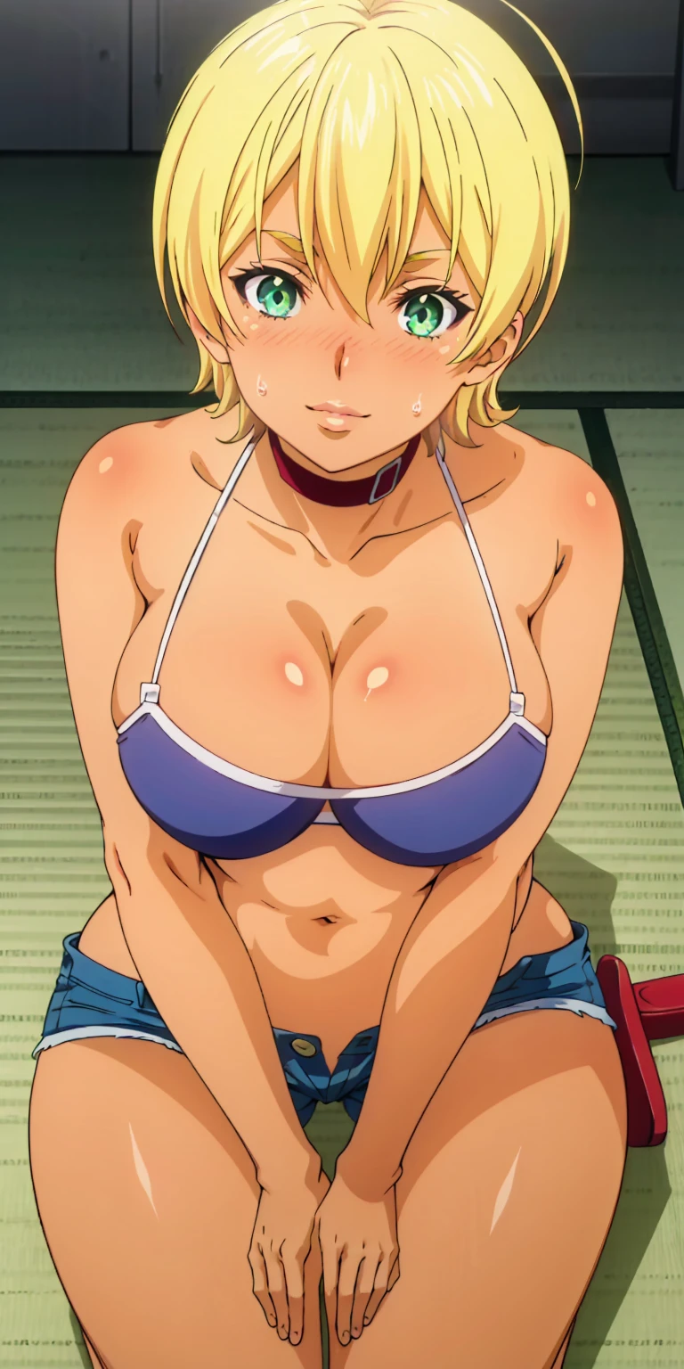 tall body, tall, long legs, mature female, mature, adult, Shokugeki_Ikumi, 1girl, breasts, solo, green eyes, blonde hair, navel, short hair, midriff, ahoge, dark-skinned female, huge breasts, dark skin, hair between eyes, bangs, shiny, High quality, High resolution, Fine details), solo, curvy women, sparkling eyes, (Detailed eyes), Oily skin, shallow depth of field, denim shorts, micro shorts, open fly, waist lines, lowleg shorts, lowleg, ((sitting sideways on tatami)),((Solo)), trending on artstationh,intricate face details, vibrant, 4K, 12k resolution, masterpiece, best quality, highly detailed, (high quality:1.2),ultra-detailed,beautiful detailed eyes,beautiful detailed lips,extremely detailed eyes and face,gorgeous and attractive girl,natural beauty,seductive gaze,feminine figure,curvaceous body,alluring expression,evening shadows,glowing skin,vibrant colors,soft lighting,vintage photography style,subtle and sophisticated atmosphere, horny, blush, steam, sweat, oily skin, lustful, horny, extremely horny, seductive, lips, looking at viewer, smile, solo, sweat, japanese room, solo, micro bikini, bikini, breasts, cleavage, belly, short top, bare shoulders, 