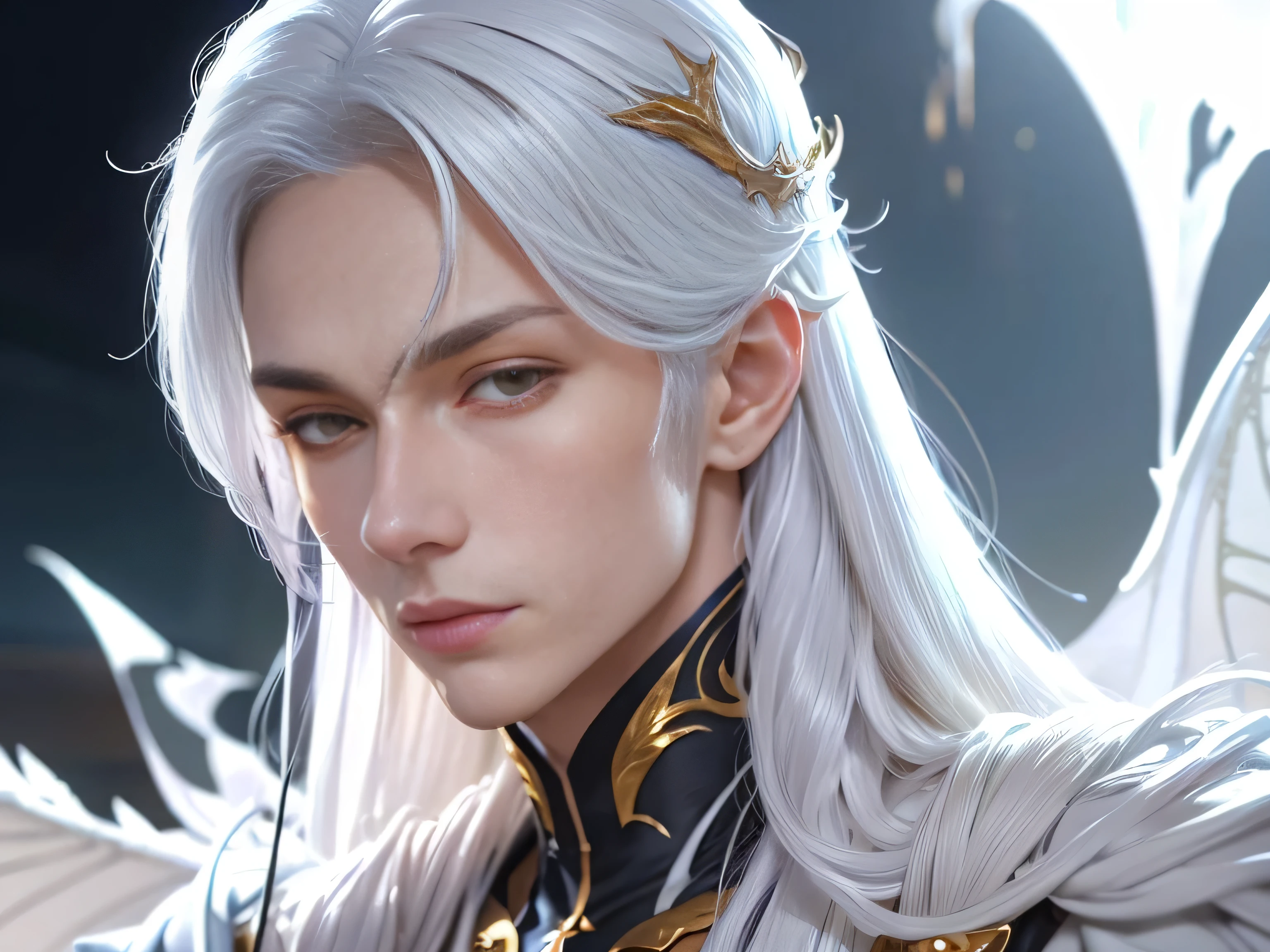 (Best Quality, 8K, Masterpiece, HDR, Soft Lighting, Picture Perfect, Realistic, Vivid), Male Humanoid Dragon (1.0), 1 Guy, Perfect Face, Super Detailed Photo of a Gorgeous Humanoid Dragon Man with Long White Hair, Side by Side lies a white dragon, Beautiful anime fantasy, background blur, anime fantasy, work in the style of Gouves, realism: 1.37, long white hair, plump lips, (Ultra high quality fantasy art), Masterpiece, male model, male character ultra high quality designs, detailed 8k anime art, realistic anime art, highest quality wallpapers, intricate ultra high quality accurate male characters faces, high quality designs and accurate physics (fantasy - ultra high quality art), dark fantasy style), masterpieces, super high quality quality characters, anime resolution - 8K, realistic anime art, wallpapers with the highest quality illustrations, ultra-high detail faces, high-quality design and accurate physics), color, depth of field, shadows, ray tracing, high-quality execution. -high quality and 8K resolution, (Accurate simulation of the interaction of light and materials)], [High-quality hair detail [Read more about beautiful and shiny white hair]], (Beautifully detailed hands [perfect fingers [Perfect nails]]], (perfect anatomy ( perfect proportions)))) [[Full-length]], [Perfect combination of colors (Accurate imitation of the interaction of light and material)], [art that conveys the meaning of the story](modified)