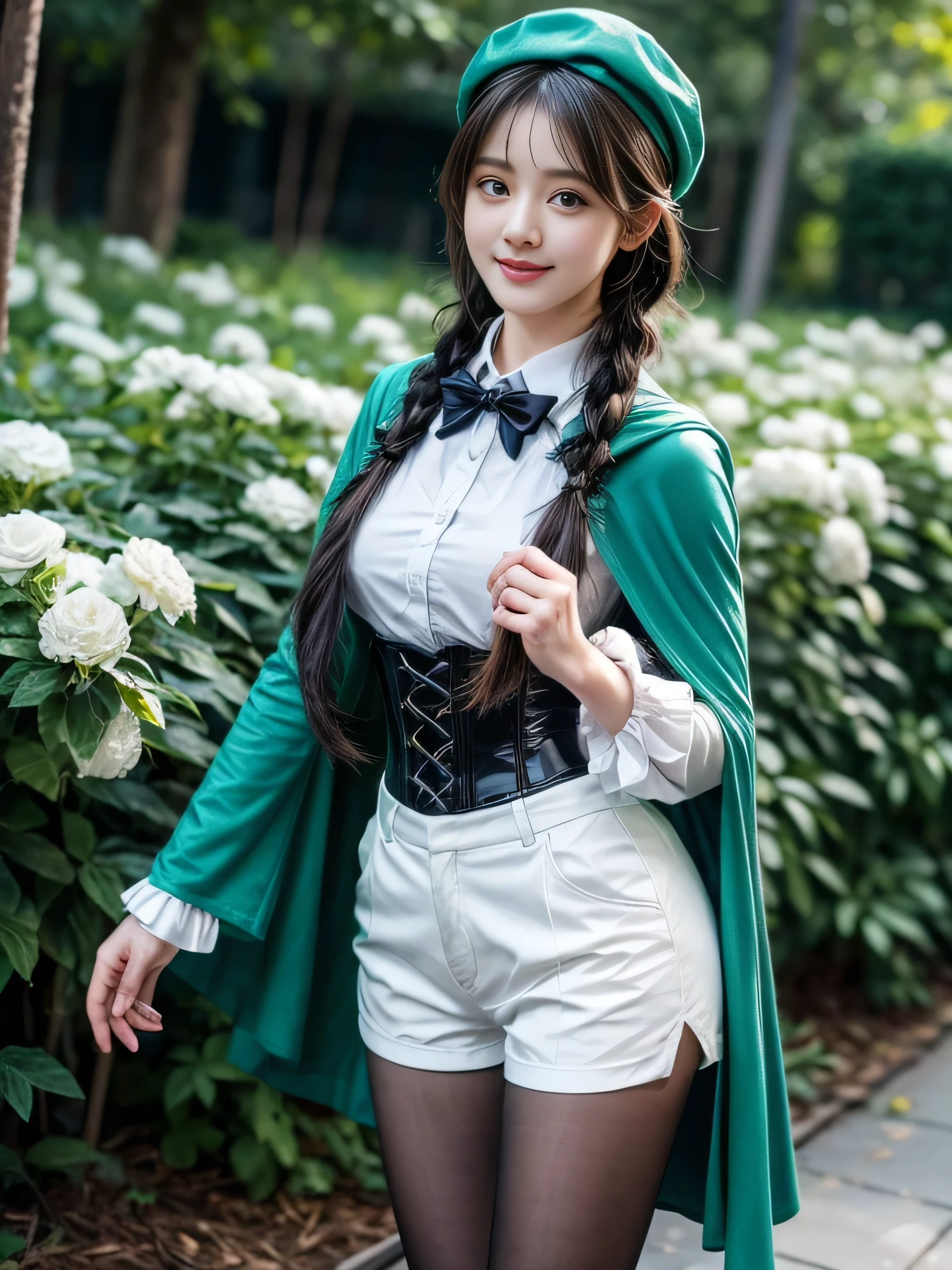 19 years old child, cosplay, cosplayer, masterpiece, best quality, highres, 4k, intricate details, highly detailed, (solo), cute, detailed eyes, big round breast, detailed background, nice hands, perfect hands, ulzzang-6500-v1.1:0.3,
venti (genshin impact), lyre, black hair, hat, smile, braid, long sleeves, twin braids, gradient hair, multicolored hair, instrument, pantyhose, vision (genshin impact), bow, shorts, blue hair, green headwear, beret, white pantyhose, green shorts, collared cape, bangs, butterfly, white flower, shirt, jewelry, looking at viewer, white shirt, brooch, cape, androgynous, frilled sleeves, outdoors, frills, leaf, corset, short hair with long locks