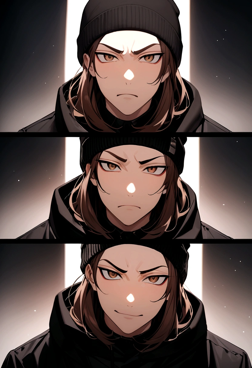 portrait boy angry face happy extremely attractive looking with seductive face at the viewer in the center black clothes medium long brown hair with a symmetrical black beanie hat front photo
