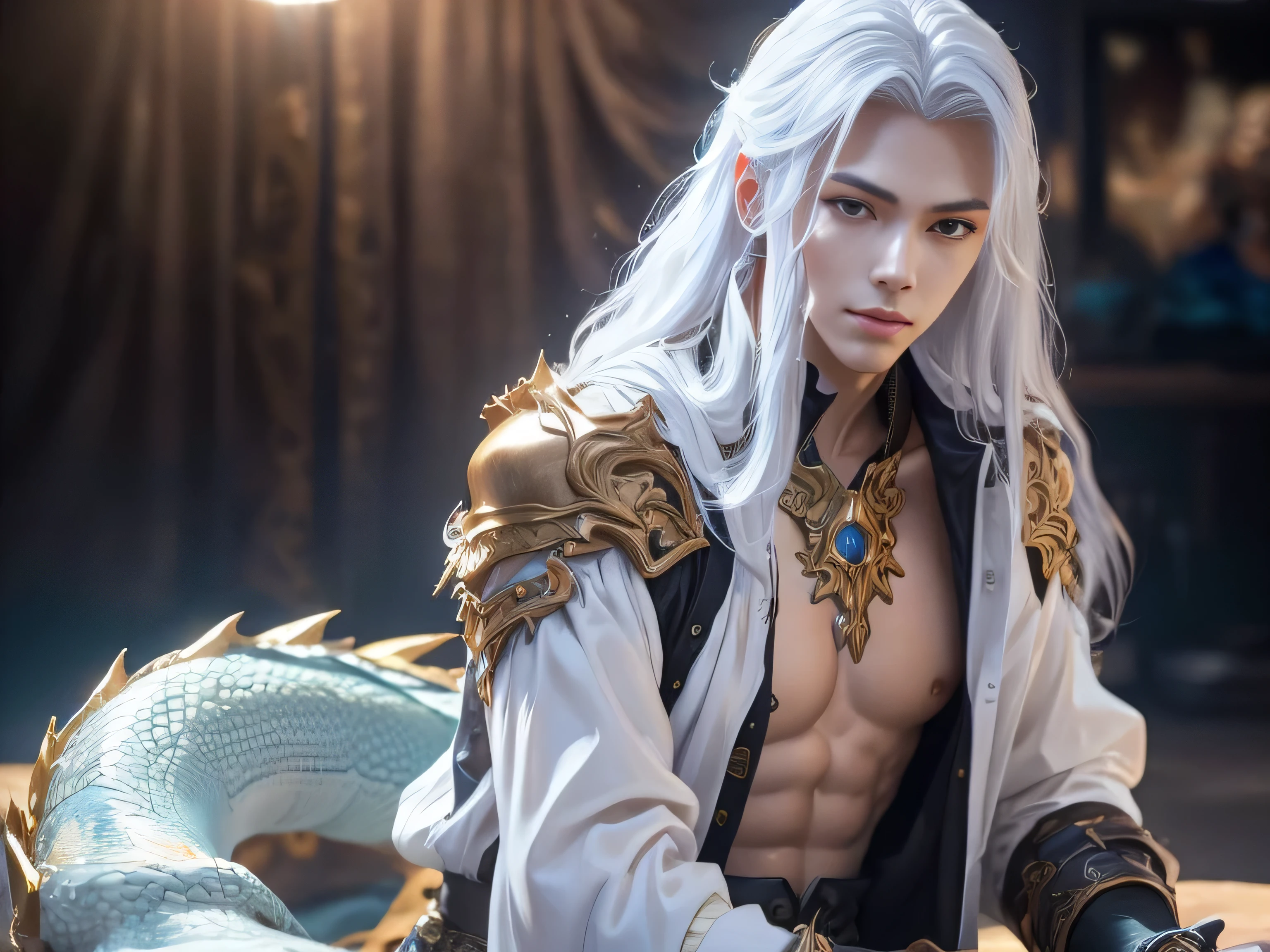 (Best Quality, 8K, Masterpiece, HDR, Soft Lighting, Picture Perfect, Realistic, Vivid), Male Humanoid Dragon (1.0), 1 Guy, Perfect Face, Super Detailed Photo of a Gorgeous Humanoid Dragon Man with Long White Hair, Side by Side lies a white dragon, Beautiful anime fantasy, background blur, anime fantasy, work in the style of Gouves, realism: 1.37, long white hair, plump lips, (Ultra high quality fantasy art), Masterpiece, male model, male character ultra high quality designs, detailed 8k anime art, realistic anime art, highest quality wallpapers, intricate ultra high quality accurate male characters faces, high quality designs and accurate physics (fantasy - ultra high quality art), dark fantasy style), masterpieces, super high quality quality characters, anime resolution - 8K, realistic anime art, wallpapers with the highest quality illustrations, ultra-high detail faces, high-quality design and accurate physics), color, depth of field, shadows, ray tracing, high-quality execution. -high quality and 8K resolution, (Accurate simulation of the interaction of light and materials)], [High-quality hair detail [Read more about beautiful and shiny white hair]], (Beautifully detailed hands [perfect fingers [Perfect nails]]], (perfect anatomy ( perfect proportions)))) [[Full-length]], [Perfect combination of colors (Accurate imitation of the interaction of light and material)], [art that conveys the meaning of the story](modified)
