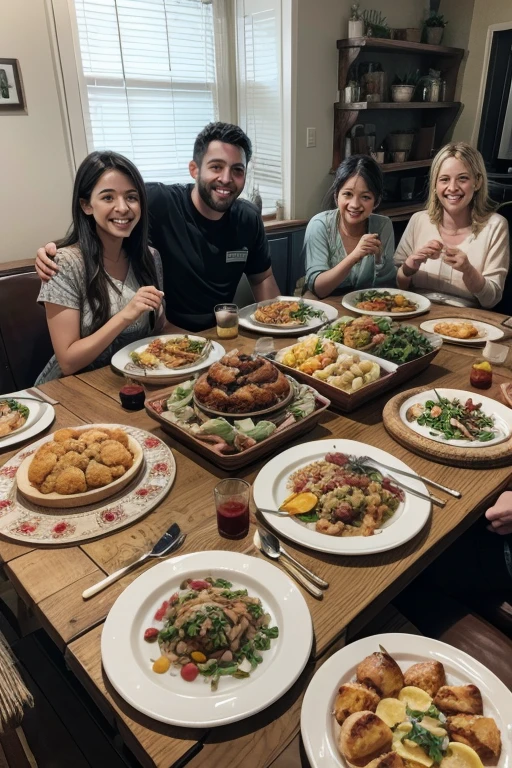An image of a table full of homemade food, surrounded by family and friends smiling and enjoying the moment.