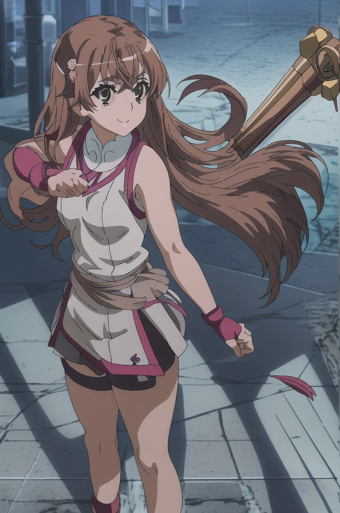 anime character, Japanese , rose knuckle gloves, green eyes, semi-long brown hair with bangs, spandex-style shorts under skirt, smiling showing teeth, eyes open, nunchaku hanging from waist
